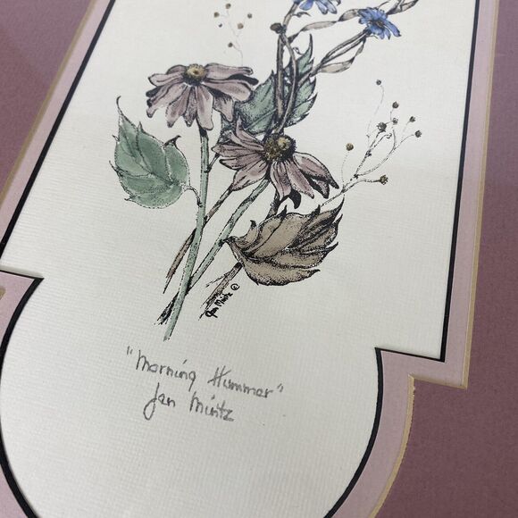 Jan Mintz Pen Ink Watercolor Morning Hummer Flowers Hummingbird Framed Art - Picture 6 of 12